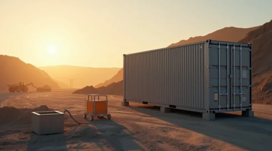 Mobile battery energy storage container in remote industrial setting with mining equipment