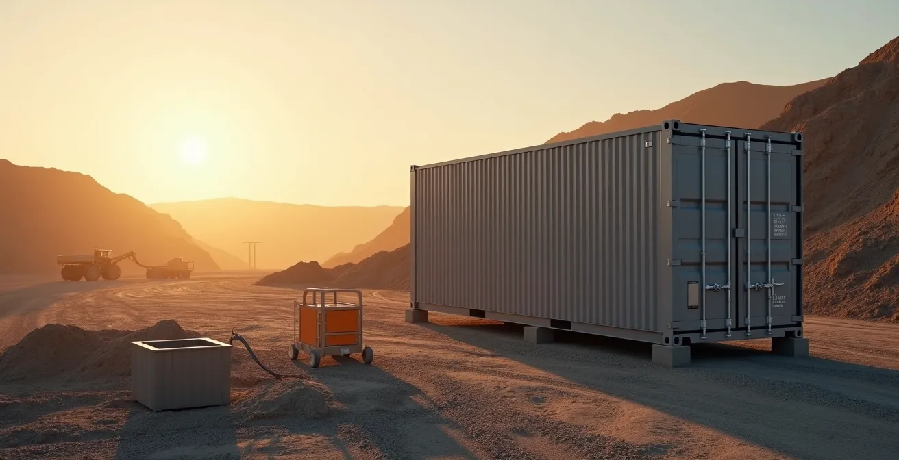 Mobile battery energy storage container in remote industrial setting with mining equipment